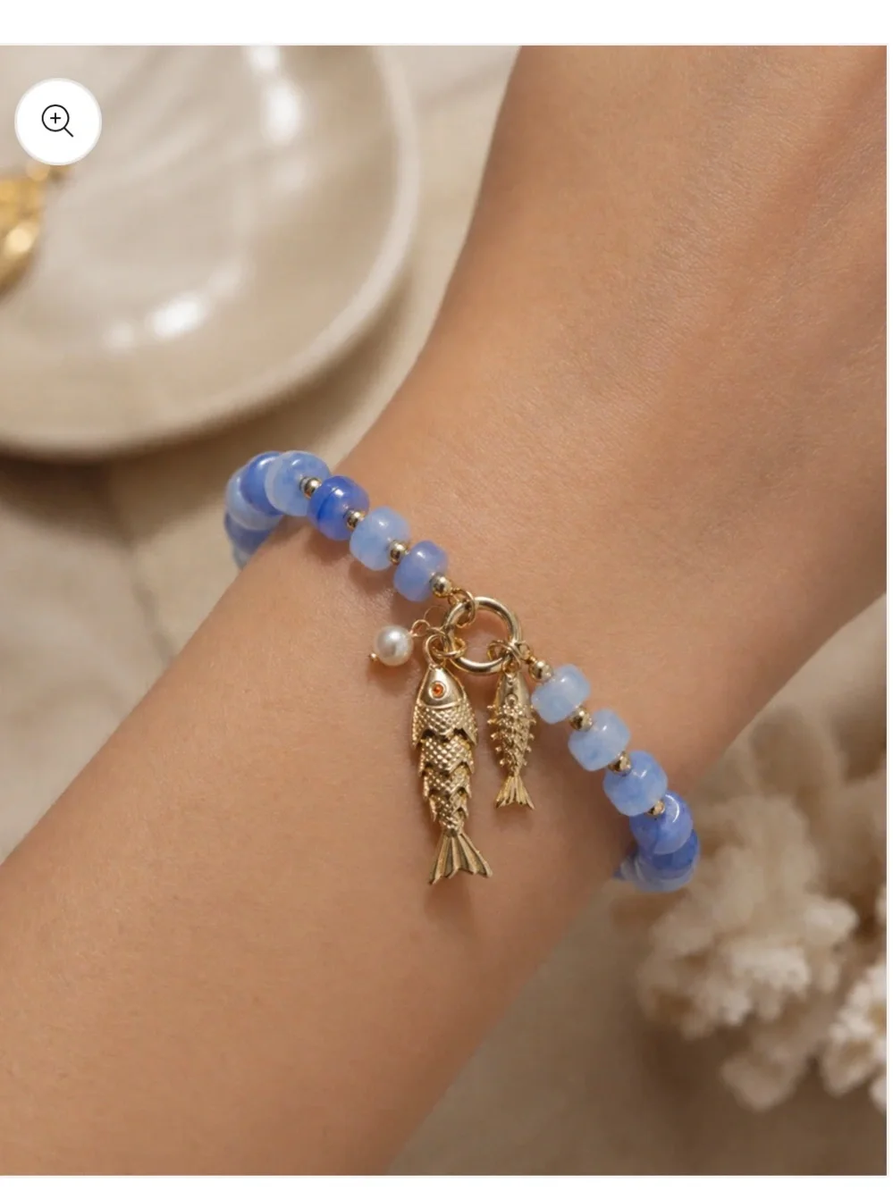 Marble Bead Elastic Bracelet with Gold Fish Charm